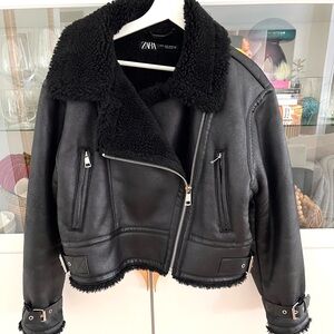 Zara Black Vegan Leather Shearling Jacket-Never Worn
